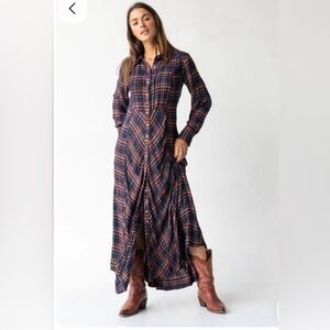 NATURAL LIFE Hailee Plaid Maxi Dress Navy Orange Gold Medium M New without Tags
